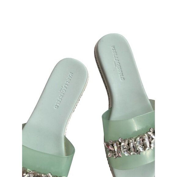 KARL LAGERFELD Mint Green Jeweled Rhinestone Slide Sandals Size 7 - Picture 8 of 10